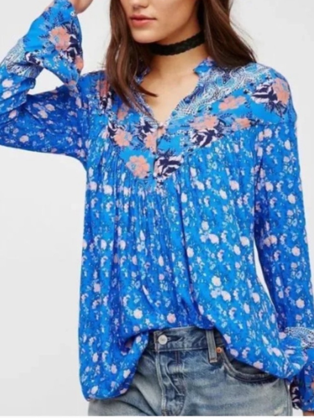 Free People 'Wildflowers' Fields Pleated Tunic Top in Blue/Multicolor Medium